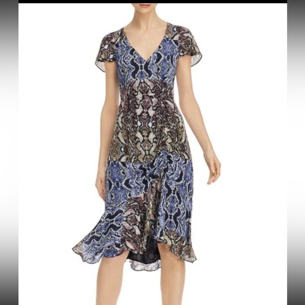 Parker Delia 100% Silk Snake Print Delia Dress Size 12 Formal Ruched Ruffle
